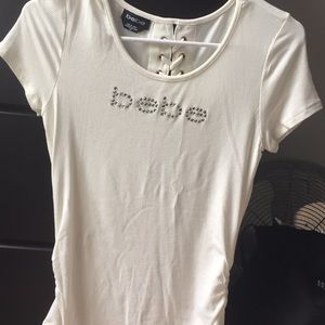Bebe white shirt, tied back, bedazzled Bebe logo